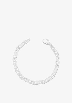 Silbernes Kettenarmband mit abwechselnd glatten und strukturierten Gliedern und einem Karabinerverschluss, gezeigt vor weißem Hintergrund.