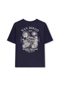 Marineblaues T-Shirt mit einem Vintage-Design eines San Diego-Resorts, das Palmen, ein Gebäude und den Text "Wo Träume wahr werden" zeigt.