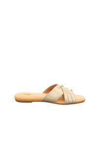 Beige, cross-strap slide sandal with a smooth leather upper and a cushioned tan insole. Flat sole with minimal tread for comfort.
