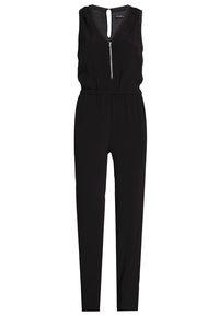 Černý overal bez rukávů, s předním zipem, elastickým pasem a zúženými nohavicemi s hladkou texturou. Minimalistický styl.