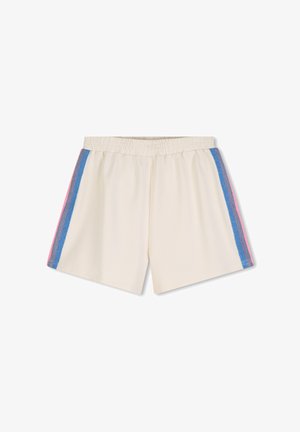 Shorts couleur crème avec taille élastique et rayures verticales bleues, violettes et roses sur les côtés extérieurs.