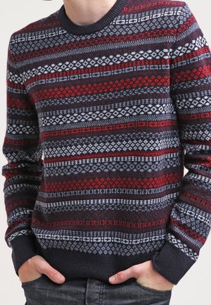 Mand iført en rundhalset sweater med vandrette striber i rødt, marineblåt, gråt og hvide geometriske mønstre, hænderne i lommerne.