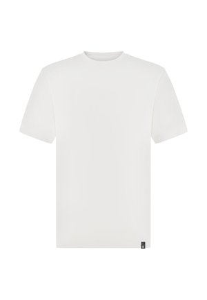 T-shirt blanc uni à manches courtes et col rond, avec une petite étiquette noire sur l'ourlet inférieur.