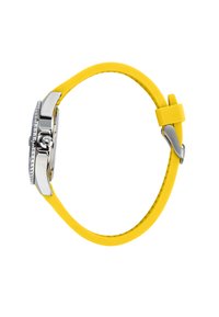 Orologio con cinturino in silicone giallo, cassa in tono argento, quadrante rotondo e bezello testurizzato. Caratterizzato da una chiusura a fibbia sicura.