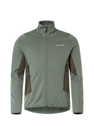 Green softshell jacket with a high collar, full zip, side pockets, textured fabric, and darker green accents on the sides.