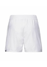 Pantalones cortos atléticos elásticos blancos con cintura alta, de largo hasta medio muslo y una pequeña etiqueta negra en el dobladillo inferior izquierdo.