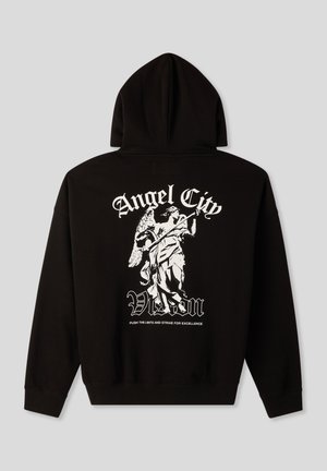 Felpa nera con cappuccio che presenta un design grafico bianco sul retro, raffigurante un angelo e la scritta "Angel City Vision" con uno slogan sottostante.