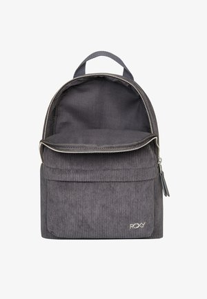 Donkergrijze corduroy rugzak met een ritsvak in het hoofdcompartiment en een voorvak. Voorzien van een draaghandvat en het Roxy-logo aan de voorkant.