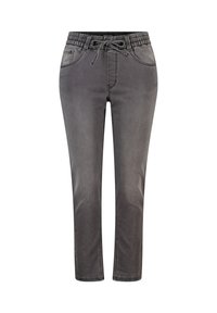 Pantalons gris à taille élastique avec cordon de serrage, comportant cinq poches, des jambes fuselées et une texture en denim doux.