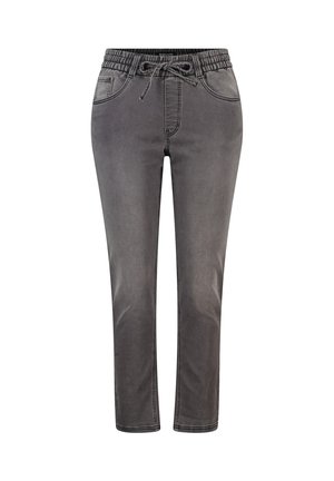 Grijze elastische broeken met een trekkoord, voorzien van vijf zakken, taps toelopende pijpen en een zachte denimtextuur.
