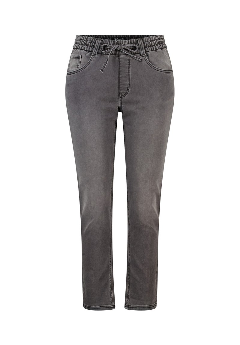 Pantalons gris à taille élastique avec cordon de serrage, comportant cinq poches, des jambes fuselées et une texture en denim doux.