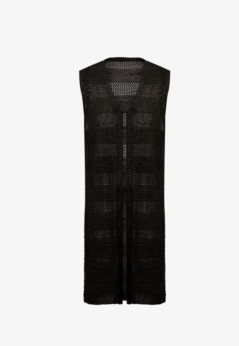 Schwarze ärmellose Strickjacke mit V-Ausschnitt, aus strukturiertem Strickstoff mit offenen und geschlossenen Streifen, knielanges Design.