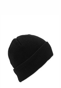 Beanie nera a maglia con un tessuto textures e orlo piegato. Parte superiore rotonda, realizzata in materiale morbido ed elastico per il comfort.