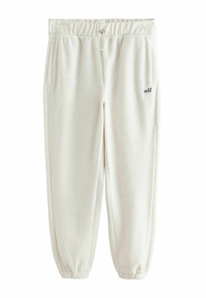 Weiße Fleece-Jogginghosen mit einem elastischen Bund, Kordelzug, zwei Seitentaschen und einem kleinen gestickten Logo an der linken Hüfte.