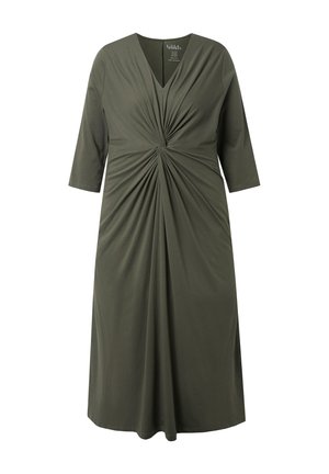 Midi-jurk in olijfgroen met driekwartmouwen, een V-hals en een geplooid twistdetail in de taille.