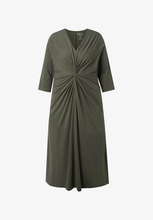 Midi-jurk in olijfgroen met driekwartmouwen, een V-hals en een geplooid twistdetail in de taille.