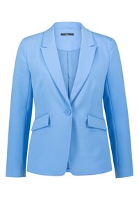 Blazer bleu clair avec un bouton unique, deux poches avant, revers crantés et manches longues. Fabriqué en tissu lisse.