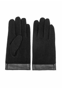 Czarne wełniane rękawiczki z gładkim skórzanym mankietem. Czteropalczasty design z podkładką na kciuk do użytku z ekranami dotykowymi. Miękka tekstura, elegancki i prosty design.