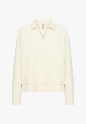 Light beige pullover with a V-neck and short collar, featuring long sleeves and a ribbed hem. Made from soft fabric with a smooth texture.