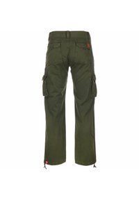 Cargo broek in olijfgroen, met meerdere zijzakken, een recht model en verstelbare boorden met trekkoorden. Gestructureerde stof.