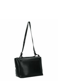 Borsa a tracolla in pelle nera con forma rettangolare, tracolla regolabile, chiusura con zip superiore e superficie liscia. Presenta un sottile dettaglio cucito.