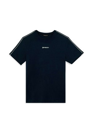 T-shirt en coton bleu marine avec un col rond, des manches courtes et des rayures blanches sur les côtés. Présente un petit logo sur la poitrine. Texture lisse.