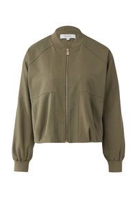 Kurtka bomberka w oliwkowej zieleni z przednim zamkiem błyskawicznym, prążkowanym kołnierzem i puchatymi długimi rękawami. Posiada dwie przednie kieszenie oraz przeszycia jako wykończenie.