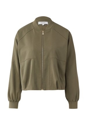 Kurtka bomberka w oliwkowej zieleni z przednim zamkiem błyskawicznym, prążkowanym kołnierzem i puchatymi długimi rękawami. Posiada dwie przednie kieszenie oraz przeszycia jako wykończenie.