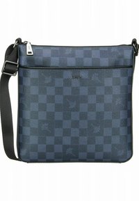 Blue and black checkered crossbody bag with adjustable black strap and silver zipper pull, branded "JOOP!" in center front.