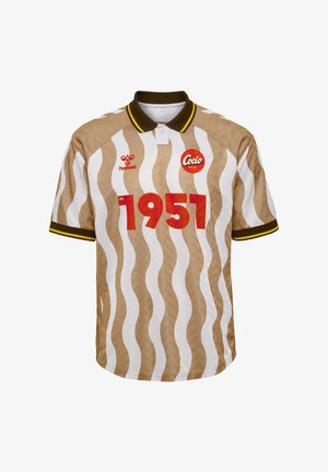 Tan and white short-sleeve jersey featuring wavy patterns, a brown collar, and yellow accents. Red "1951" print and brand logo displayed.