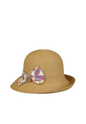 Light brown woven sun hat with a wide brim and a colorful floral fabric bow on the side.