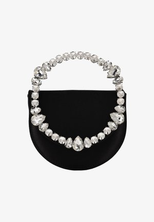 Black satin handbag with a curved shape, adorned with a row of clear crystal embellishments forming a handle. Smooth texture with shiny accents.
