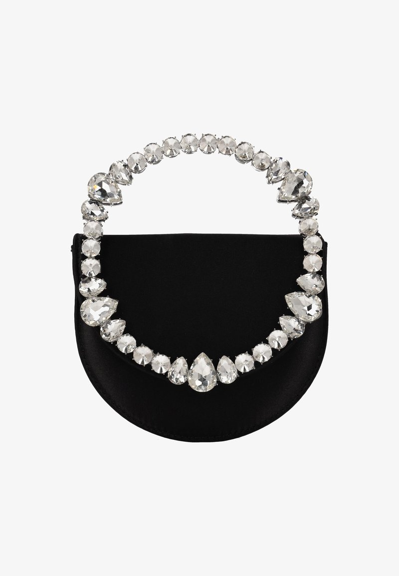 Borsa in raso nero dalla forma curva, decorata con una fila di cristalli trasparenti che formano il manico. Texture liscia con accenti lucenti.