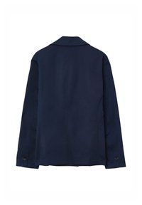 Giacca a maniche lunghe blu navy con colletto, polsini con bottone e cucitura dritta sul retro su sfondo bianco.