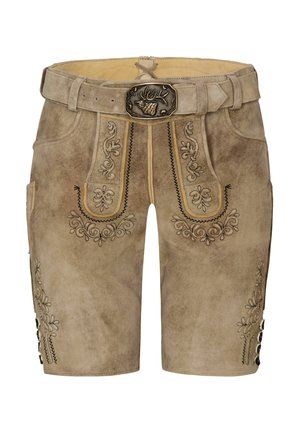 Hellbraune Leder-Shorts mit dekorativer schwarzer Stickerei, einer dekorativen Gürtelschnalle und seitlichen Taschen; verfügt über Knopf-Details an den Seiten.