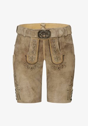 Lichtbruine leren shorts met decoratieve zwarte borduursels, een decoratieve riemgesp en zijzakken; heeft knoopaccenten aan de zijkanten.