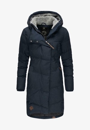 Padded long coat in dark blue fabric with a textured gray fleece lining, high collar, and angled zip closure. Features brown leather accents.