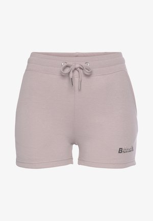 Helle graue Baumwollmischung-Shorts mit elastischem Bund und Kordelzug, silbernen Hardware-Details und einem gedruckten Logo auf der linken Seite.
