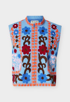 Blue sleeveless top with colorful embroidered floral patterns in red, blue, brown, and orange, featuring a round collar and central zipper.