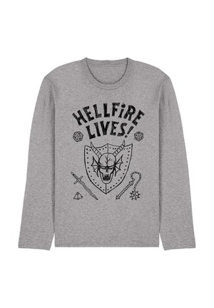Gray long-sleeve shirt with black "HELLFIRE LIVES!" text above a horned skull on a shield, surrounded by dice, a sword, a chain weapon, and a pyramid.