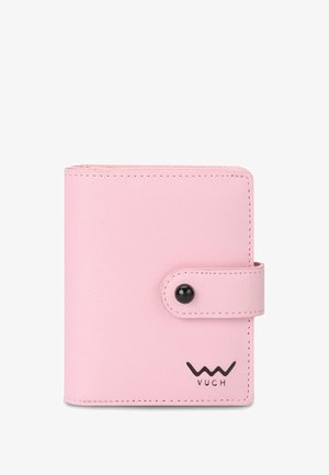 Pink leather wallet with a fold-over design, snap closure, and black accent button. Features logo "VUCH" at the bottom right.