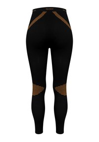 Schwarze Leggings mit elastischem Bund, der orangefarbene diagonale Streifen am oberen Rücken und gestreifte Akzente an den Unterschenkeln aufweist.