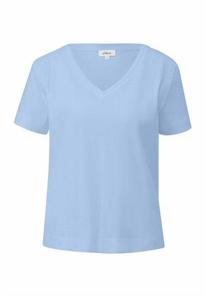 T-shirt bleu clair à manches courtes avec un design à col en V. Fabriqué en tissu doux, il présente une coupe décontractée et des détails de couture minimalistes.