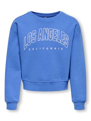 Blå crewneck sweatshirt med lange ærmer, ribstrikkede manchetter og "LOS ANGELES CALIFORNIA" trykt hvidt på fronten.