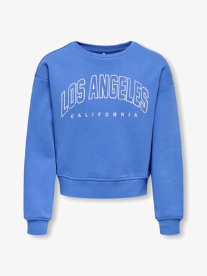 Blå crewneck sweatshirt med lange ærmer, ribstrikkede manchetter og "LOS ANGELES CALIFORNIA" trykt hvidt på fronten.