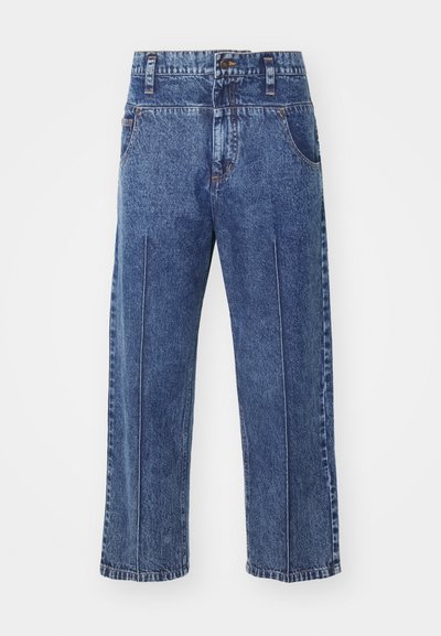 Blue denim jeans with a relaxed fit, straight legs, front pockets, and a button closure. Features minimal stitching details.