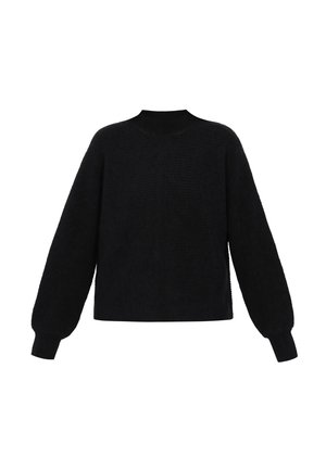 Maglione nero a maglia con maniche lunghe a palloncino, polsini a coste e collo alto, mostrato su uno sfondo bianco.