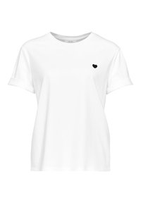 Witte katoenen T-shirt met korte opgerolde mouwen, met een klein zwart hartontwerp op de linker borst. Klassieke ronde hals.