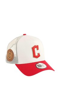 Off-white cap with a red visor and embroidered "C" logo. Mesh sides, round button atop, and a brown leather patch with team name and establishment year.
