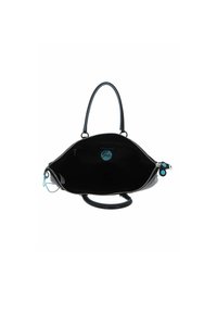 Borsa a tracolla nera con chiusura a cerniera, forma rotonda e texture morbida. Interno nero con etichetta del logo blu e piccola tasca con cerniera.